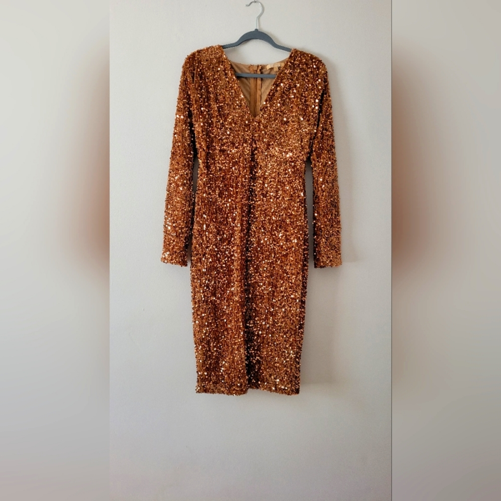Gold sequined long sleeve dress
